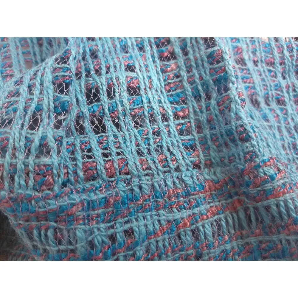 Vtg Mid Century Blue Tweed Pinch Pleat Curtains Open Weave Drapes w/ Rings Set 2